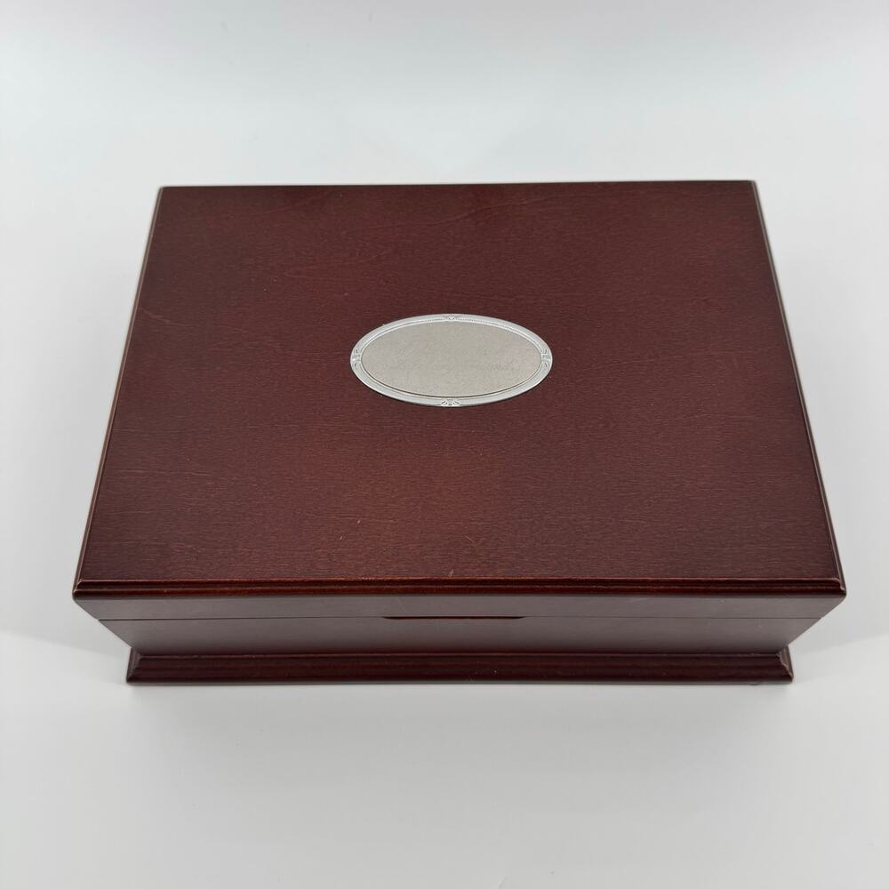 Wooden Jewelry Keepsake Box Lift-Out Tray Silver Plaque Mother Gift